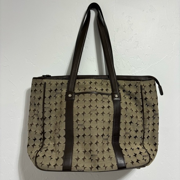 Ecco Women's Laptop Bag Tote Shoulder Bag Canvas Brown Tan Zip Closure - Picture 1 of 13